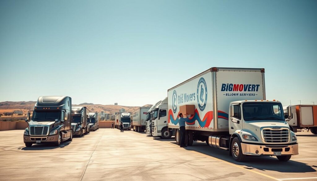 A wide shot of modern trucks parked in a bright, bustling loading area, symbolizing long-distance movers in San Angelo. In the foreground, a sleek, professionally branded moving truck is prominently displayed, showcasing vivid graphics of the company logo. In the middle ground, additional trucks are lined up, with movers in business attire loading a truck, conveying professionalism and teamwork. The background features a clear blue sky, typical of Texas, with the iconic San Angelo landscape visible, including soft, rolling hills and distant buildings. The scene is well-lit, with natural sunlight casting soft shadows. The atmosphere is energetic and focused, encapsulating the spirit of efficient, professional long-distance moving. A wide shot of modern trucks parked in a bright, bustling loading area, symbolizing long-distance movers in San Angelo. In the foreground, a sleek, professionally branded moving truck is prominently displayed, showcasing vivid graphics of the company logo. In the middle ground, additional trucks are lined up, with movers in business attire loading a truck, conveying professionalism and teamwork. The background features a clear blue sky, typical of Texas, with the iconic San Angelo landscape visible, including soft, rolling hills and distant buildings. The scene is well-lit, with natural sunlight casting soft shadows. The atmosphere is energetic and focused, encapsulating the spirit of efficient, professional long-distance moving.