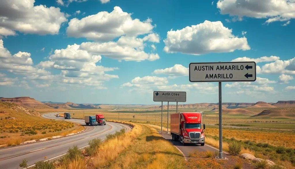 Aerial view of a winding Texas highway stretching across the landscape, with a diverse backdrop of rolling hills and scattered wildflowers. In the foreground, a convoy of moving trucks in vibrant colors, symbolizing the Austin to Amarillo moving service, positioned strategically along the roadside. The middle ground shows a signpost with directional arrows pointing toward major Texas cities like Austin, Amarillo, and others, under a bright blue sky dotted with fluffy white clouds. The lighting is warm and golden, suggesting a late afternoon sun that casts soft shadows on the ground. The atmosphere is dynamic and inviting, evoking a sense of adventure and exploration through the heart of Texas.