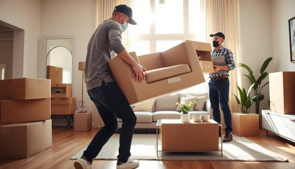 Movers moving various items in a bright, modern apartment setting. In the foreground, two professional movers, dressed in smart casual attire, are carefully lifting a sofa and a stack of boxes. The middle ground features a spacious living room with partially unpacked items, like a coffee table and decorative plants, giving a sense of transition. In the background, large windows allow warm sunlight to filter in, creating a welcoming atmosphere. The angle is slightly elevated, capturing the action and the environment. The overall mood is dynamic yet organized, reflecting the efficiency of the moving process as they prepare for a seamless relocation from Austin to Gonzales.
