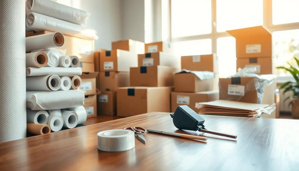 Packing materials are arranged in a well-lit, organized workspace. In the foreground, there are rolls of bubble wrap, brown kraft paper, and sturdy cardboard boxes, all neatly stacked and labeled for easy identification. In the middle, a set of packing tape dispensers and scissors rest on a polished wooden table, emphasizing the tools of the moving trade. In the background, soft natural light streams through a large window, casting gentle shadows that create a warm, inviting atmosphere. The overall mood is professional and efficient, reflecting a reliable moving service ready for any relocation challenge. Capture this scene with a focus on detail, using a wide-angle lens to encompass the entire workspace.