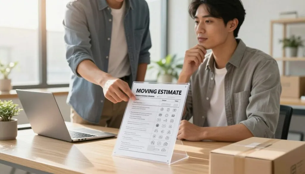 A bright and inviting office scene depicting a transparent pricing moving estimate. In the foreground, an organized desk with a clear, detailed moving estimate displayed prominently, showcasing various pricing options with icons representing services like packing, transportation, and unpacking. The middle layer features two professional movers in smart casual attire discussing the estimate; one is pointing at the document, while the other is nodding, emphasizing trust and collaboration. In the background, large windows let in warm, natural sunlight, creating an optimistic and welcoming atmosphere. Soft, neutral colors dominate the space, enhancing the feeling of clarity and transparency. The image is taken with a slightly elevated angle to capture the details on the desk and the engaged interaction between the movers. A bright and inviting office scene depicting a transparent pricing moving estimate. In the foreground, an organized desk with a clear, detailed moving estimate displayed prominently, showcasing various pricing options with icons representing services like packing, transportation, and unpacking. The middle layer features two professional movers in smart casual attire discussing the estimate; one is pointing at the document, while the other is nodding, emphasizing trust and collaboration. In the background, large windows let in warm, natural sunlight, creating an optimistic and welcoming atmosphere. Soft, neutral colors dominate the space, enhancing the feeling of clarity and transparency. The image is taken with a slightly elevated angle to capture the details on the desk and the engaged interaction between the movers.
