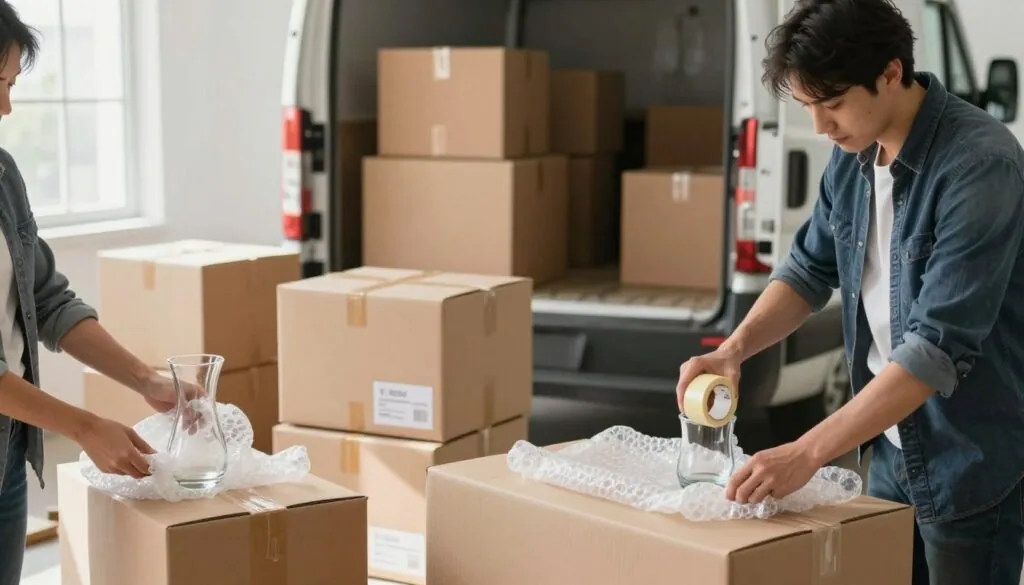 A bright and inviting scene showcasing a professional packing service in action. In the foreground, two individuals in smart casual attire are carefully wrapping fragile items with bubble wrap and packing tape. One person is focused on securing a glass vase, while the other organizes boxes labeled by room. The middle ground features a neatly stacked array of cardboard boxes in varying sizes, some fully packed and others waiting for more items. In the background, a moving truck is parked, with an open door revealing additional moving supplies. Soft, natural lighting streams in from a nearby window, casting gentle shadows and creating an organized, efficient atmosphere, emphasizing professionalism and attention to detail in the packing process. A bright and inviting scene showcasing a professional packing service in action. In the foreground, two individuals in smart casual attire are carefully wrapping fragile items with bubble wrap and packing tape. One person is focused on securing a glass vase, while the other organizes boxes labeled by room. The middle ground features a neatly stacked array of cardboard boxes in varying sizes, some fully packed and others waiting for more items. In the background, a moving truck is parked, with an open door revealing additional moving supplies. Soft, natural lighting streams in from a nearby window, casting gentle shadows and creating an organized, efficient atmosphere, emphasizing professionalism and attention to detail in the packing process.