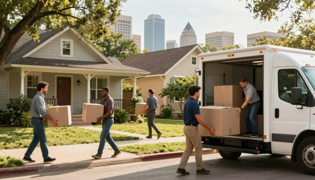 A bustling Austin neighborhood scene depicting professional movers in action. In the foreground, a diverse team of movers in smart, casual attire is carefully loading sturdy boxes into a bright, clean moving truck. The middle ground showcases a charming Austin home with traditional architecture and lush greenery, hinting at the local character. In the background, the skyline of downtown Austin rises, capturing the essence of the city. The lighting is warm and inviting, suggesting a sunny afternoon, with soft shadows enhancing the details. The overall atmosphere conveys professionalism, care, and community, highlighting the essence of reliable moving services in the Greater Austin area. The focus is on teamwork and dedication, embodying the spirit of serving residents with efficiency and respect.