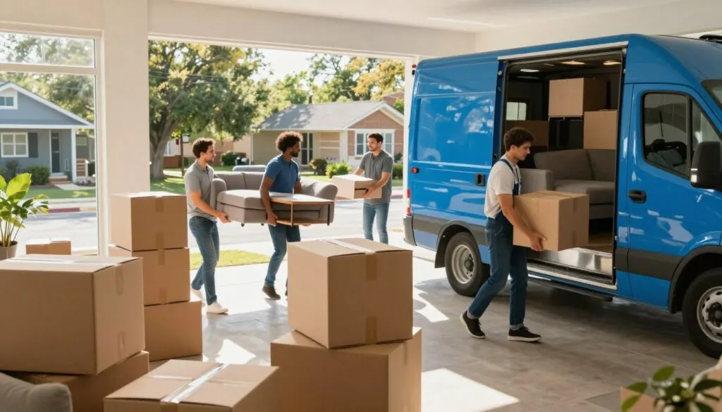A bustling moving scene depicting a team of professional movers, dressed in smart casual attire, efficiently packing boxes and loading furniture into a bright blue moving truck. In the foreground, a stack of neatly labeled cardboard boxes teeters in a well-lit living room with sunlight streaming through large windows. In the middle ground, movers actively carry a sofa and a coffee table, showcasing their teamwork and fast-paced relocation efforts. The background features an urban Austin neighborhood with trees lining the street and some modern homes. Capture a sense of urgency and professionalism with a warm, inviting atmosphere, utilizing natural lighting to create soft shadows and highlights, shot from a slightly low angle to emphasize the action and movement in the scene.