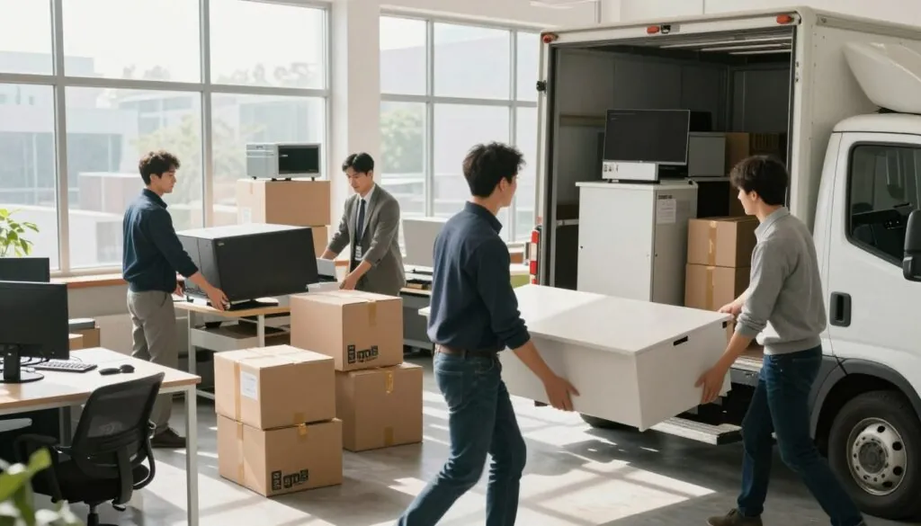 A bustling office space during a commercial relocation, featuring professional movers in business attire carefully packing and loading office furniture and electronics onto a moving truck. In the foreground, a mover is lifting a large desk, showcasing teamwork and efficiency. The middle ground shows boxes labeled with office contents, creating a sense of organization amidst the chaos. In the background, large windows let in natural light, illuminating the scene and casting soft shadows. The mood is dynamic and focused, reflecting the importance of a seamless transition. The composition is well-balanced, captured from a slightly elevated angle to convey depth and activity throughout the space.