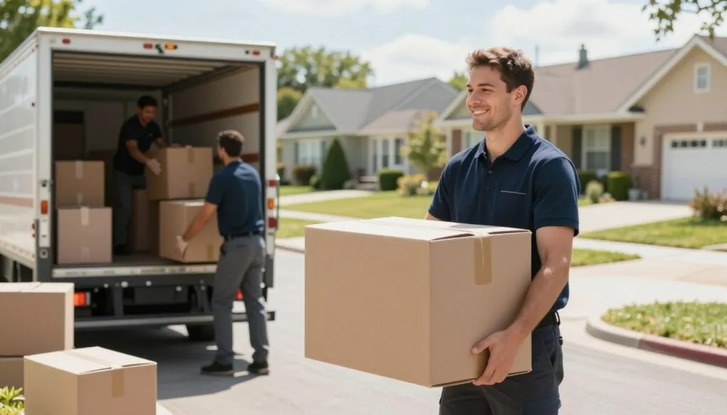 A bustling residential moving scene featuring professional movers, dressed in smart uniforms, carefully handling boxes and furniture. In the foreground, a mover lifts a large, packed moving box with a friendly smile, showcasing a sense of professionalism and teamwork. In the middle, another mover is securing items in a truck, emphasizing the organized nature of the operation. The background shows a suburban neighborhood with well-kept houses and trees, under bright, sunny skies, conveying a positive and welcoming atmosphere. Soft, natural lighting enhances the scene, giving it a warm and inviting feel. Capture the essence of safe and efficient home relocations in this lively, dynamic setting.