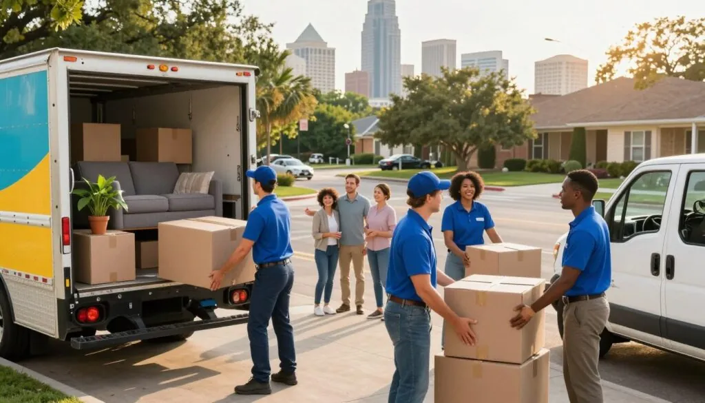 A bustling residential moving scene in Austin, Texas, showcasing a diverse team of professional movers in smart uniforms. In the foreground, movers carefully load a variety of household items, including boxes, a sofa, and a potted plant into a moving truck, which is painted in bright, cheerful colors. In the middle ground, a family watches, smiling and pointing, conveying satisfaction as their belongings are organized. The background features a picturesque view of Austin's skyline and tree-lined streets bathed in warm, late afternoon sunlight, creating a welcoming atmosphere. The image utilizes a slightly elevated angle to capture both the action of moving and the surroundings, emphasizing the professionalism and care taken in the moving process.