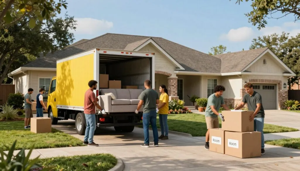 A bustling residential moving scene in Austin, showcasing professional movers in modest casual clothing efficiently packing a moving truck with cardboard boxes and furniture. In the foreground, a diverse team of movers carefully lifts a sofa while another individual organizes boxes labeled with room names. In the middle ground, a brightly colored moving truck is parked in front of a charming suburban home, surrounded by well-kept lawns and trees typical of Austin neighborhoods. The background features a clear blue sky with soft, ambient sunlight casting gentle shadows, creating a warm and inviting atmosphere. The focus should be on teamwork and professionalism, capturing the essence of comprehensive residential moving services. A bustling residential moving scene in Austin, showcasing professional movers in modest casual clothing efficiently packing a moving truck with cardboard boxes and furniture. In the foreground, a diverse team of movers carefully lifts a sofa while another individual organizes boxes labeled with room names. In the middle ground, a brightly colored moving truck is parked in front of a charming suburban home, surrounded by well-kept lawns and trees typical of Austin neighborhoods. The background features a clear blue sky with soft, ambient sunlight casting gentle shadows, creating a warm and inviting atmosphere. The focus should be on teamwork and professionalism, capturing the essence of comprehensive residential moving services.