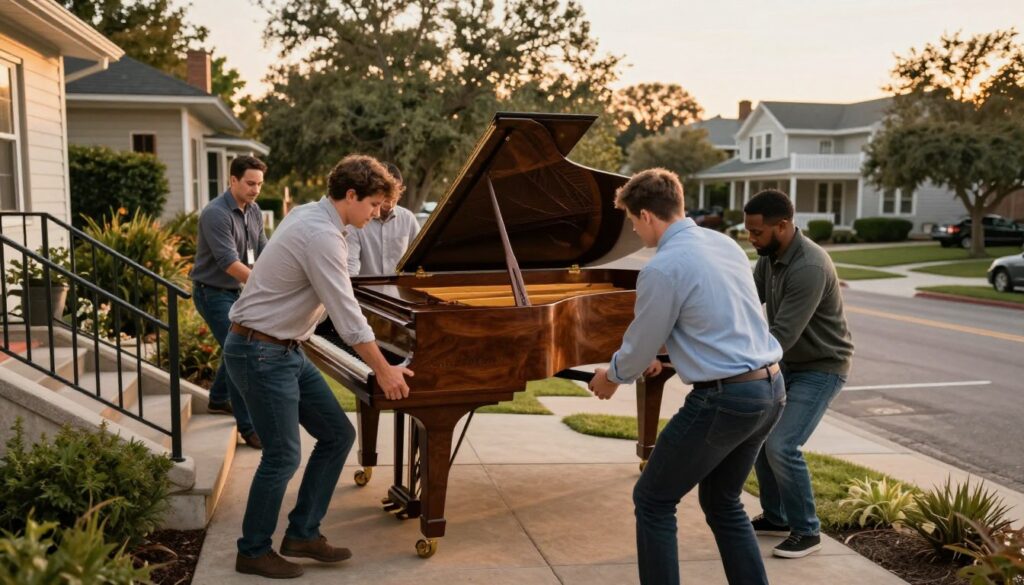 A bustling scene depicting professional piano movers in Austin, showcasing a diverse team carefully maneuvering a grand piano down a residential staircase. In the foreground, focus on two movers in smart casual clothing, showcasing their strength and teamwork as they navigate the delicate instrument. The middle ground features the grand piano, beautifully crafted, with polished wood gleaming under warm, soft lighting that creates an inviting atmosphere. In the background, show a charming Austin neighborhood with tree-lined streets and vintage homes, bathed in golden sunlight during the late afternoon. Capture the sense of professionalism and expertise, reflecting the dedication of specialized piano movers, while the gentle ambiance evokes trust and reliability in their services.