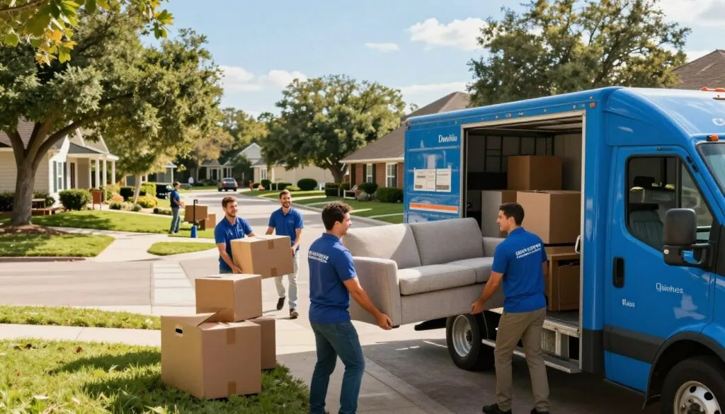 A busy residential moving scene in Austin, Texas. In the foreground, professional movers in smart, branded shirts carefully load cardboard boxes and furniture onto a bright blue moving truck. The movers display teamwork and friendly expressions while lifting a large, cushioned sofa. In the middle ground, a cozy suburban neighborhood with tree-lined streets and well-kept homes is visible, showcasing the charm of Austin's residential areas. In the background, a clear blue sky bathes the scene in warm sunlight, enhancing the inviting atmosphere. The perspective is slightly elevated, capturing the dynamic action of the move and creating a sense of togetherness and professionalism in the moving process.