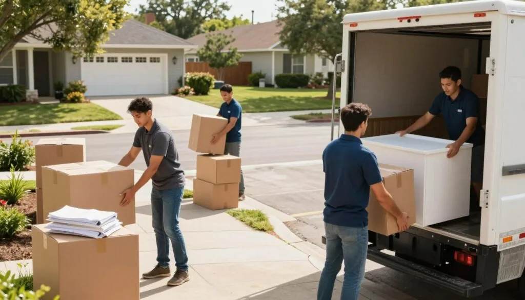 A busy residential moving scene in Austin, showcasing a streamlined moving process with professional movers. Foreground features two movers in smart casual clothing, efficiently packing items into a modern moving truck, while another mover carefully wraps a large piece of furniture. In the middle, a well-organized scene of cardboard boxes, packing materials, and a clear path for easy loading. The background showcases a sunny Austin neighborhood with well-kept homes and greenery. Warm, natural lighting adds a friendly ambiance. The angle is slightly elevated, capturing the teamwork and professionalism of the movers, evoking a sense of trust and reliability in their service. The mood is energetic and focused, emphasizing a seamless moving experience.