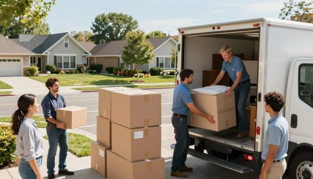 A busy residential moving scene in an urban setting, featuring a professional moving crew in business attire carefully packing and loading furniture into a large moving truck. In the foreground, a family oversees the process, looking relieved and happy. The middle ground shows detailed moving boxes stacked neatly, with labels indicating their contents. In the background, a cheerful suburban neighborhood is visible, with well-kept homes and trees under a clear blue sky. Warm, natural lighting creates an inviting atmosphere, and the angle is slightly elevated to capture the action of the movers at work, emphasizing their diligence and professionalism. The overall mood is positive and organized, illustrating the efficiency of comprehensive residential moving services. A busy residential moving scene in an urban setting, featuring a professional moving crew in business attire carefully packing and loading furniture into a large moving truck. In the foreground, a family oversees the process, looking relieved and happy. The middle ground shows detailed moving boxes stacked neatly, with labels indicating their contents. In the background, a cheerful suburban neighborhood is visible, with well-kept homes and trees under a clear blue sky. Warm, natural lighting creates an inviting atmosphere, and the angle is slightly elevated to capture the action of the movers at work, emphasizing their diligence and professionalism. The overall mood is positive and organized, illustrating the efficiency of comprehensive residential moving services.