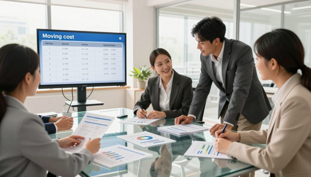 A clear and modern office setting with a large glass table in the foreground, where a diverse team of professionals in business attire collaborates over transparent pricing documents and charts. The middle layer features a digital display showing straightforward moving cost estimates and a checklist of services, emphasizing transparency. The background showcases a bright and inviting office space, with large windows allowing natural light to flood the scene, enhancing the sense of clarity and openness. The lighting is warm and welcoming, creating a positive, value-driven atmosphere. The angle is slightly elevated, capturing both the focused expressions of the team and the clarity of the documents, conveying a sense of trust and professionalism in the moving process.