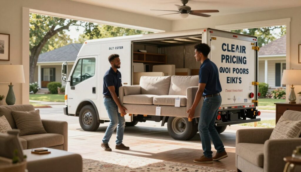 A cozy, well-lit living room scene showcasing a professional furniture moving service. In the foreground, a diverse team of two movers, dressed in smart, casual attire, carefully lifting a stylish couch with visible price tags attached, symbolizing transparent pricing. In the middle, a well-organized moving truck parked outside, showing clear rates on the side, emphasizing clear communication about costs. The background features a warm, inviting neighborhood of Austin with green trees and classic homes, bathed in soft afternoon sunlight. The atmosphere is friendly and professional, capturing the essence of trust and value in furniture moving services. Use a slightly angled perspective to give depth, focusing on the movers' teamwork and commitment to careful handling.