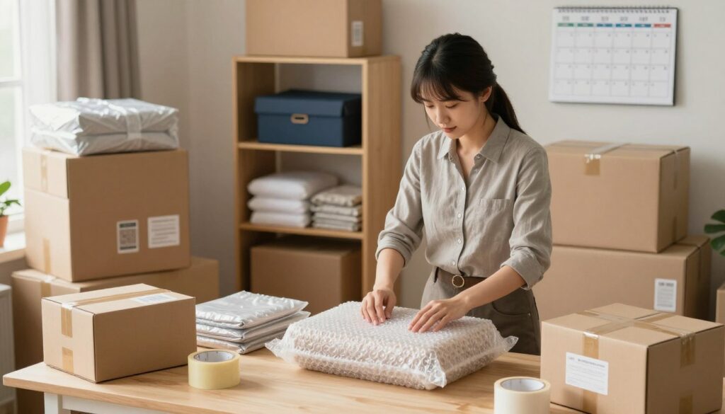 A cozy, well-organized packing area with customized packing solutions. Foreground: a professional packer in smart casual attire, carefully wrapping fragile items with bubble wrap, surrounded by an array of packing materials like boxes, tape, and labels. Middle ground: different types of neatly labeled boxes in various sizes, including wardrobe boxes and specialty boxes for delicate items, all stacked and organized. Background: a warm, well-lit room with shelves displaying packing supplies and a calendar marked with moving dates. Soft, natural light illuminates the scene, creating an inviting and efficient atmosphere, showcasing the attention to detail and care that goes into customized packing solutions for every household.
