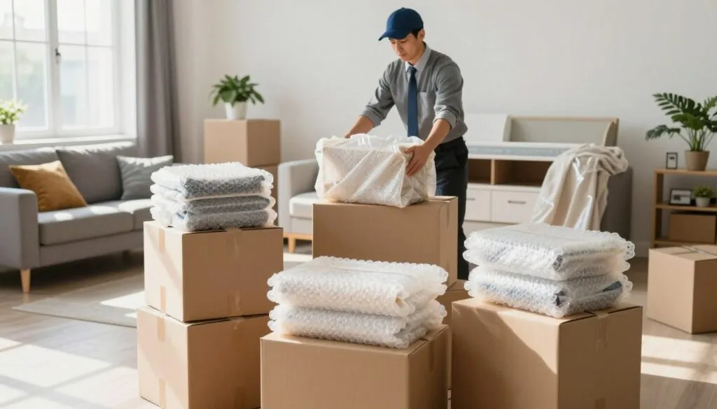 A dynamic scene showcasing comprehensive packing solutions for moving. In the foreground, display an organized stack of moving boxes in various sizes, artfully packed with bubble wrap and packing paper, hinting at items inside without revealing them. In the middle, include a professional mover in business attire, carefully wrapping furniture with protective blankets and securing items for transport. The background should feature a modern apartment's living room, partially packed, with furniture and decor neatly arranged, creating an inviting atmosphere. Bright, natural light pours in through large windows, casting soft shadows and enhancing the colors. Aim for a cheerful, efficient mood that emphasizes the ease and professionalism of the moving process. A dynamic scene showcasing comprehensive packing solutions for moving. In the foreground, display an organized stack of moving boxes in various sizes, artfully packed with bubble wrap and packing paper, hinting at items inside without revealing them. In the middle, include a professional mover in business attire, carefully wrapping furniture with protective blankets and securing items for transport. The background should feature a modern apartment's living room, partially packed, with furniture and decor neatly arranged, creating an inviting atmosphere. Bright, natural light pours in through large windows, casting soft shadows and enhancing the colors. Aim for a cheerful, efficient mood that emphasizes the ease and professionalism of the moving process.