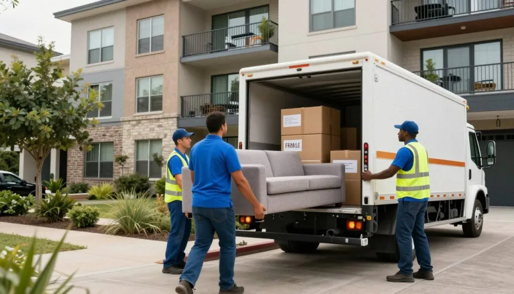 A dynamic scene showcasing professional moving services in an urban apartment setting in Austin. In the foreground, two movers, dressed in blue uniforms and safety gear, are carefully lifting a large sofa onto a moving truck. One mover is showing focused teamwork, while the other supervises, emphasizing community and cooperation. In the middle ground, the open back of a modern moving truck displays neatly packed boxes labeled with fragile signs. The background features a trendy Austin apartment building with balconies and greenery, suggesting a vibrant neighborhood. The composition is illuminated by soft, natural daylight, giving a warm and inviting atmosphere. Use a wide-angle lens to capture the scale and efficiency of the moving process, highlighting professionalism and reliability. A dynamic scene showcasing professional moving services in an urban apartment setting in Austin. In the foreground, two movers, dressed in blue uniforms and safety gear, are carefully lifting a large sofa onto a moving truck. One mover is showing focused teamwork, while the other supervises, emphasizing community and cooperation. In the middle ground, the open back of a modern moving truck displays neatly packed boxes labeled with fragile signs. The background features a trendy Austin apartment building with balconies and greenery, suggesting a vibrant neighborhood. The composition is illuminated by soft, natural daylight, giving a warm and inviting atmosphere. Use a wide-angle lens to capture the scale and efficiency of the moving process, highlighting professionalism and reliability.