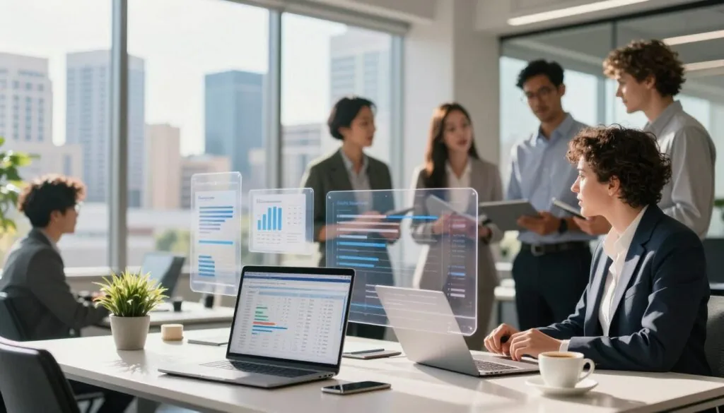 A futuristic office scene with transparent moving estimates flowing through the air, symbolizing clarity and openness in pricing. In the foreground, a sleek modern desk with a laptop displaying digital estimates, accentuated by a potted plant and a cup of coffee. In the middle ground, a diverse group of professionals, dressed in business attire, discussing logistics and pricing, with animated expressions indicating trust and collaboration. The background features large windows revealing a vibrant Austin skyline, with dappled sunlight illuminating the space. Use soft focus and a shallow depth of field to emphasize the foreground elements while maintaining a bright, upbeat atmosphere that conveys professionalism and transparency. A futuristic office scene with transparent moving estimates flowing through the air, symbolizing clarity and openness in pricing. In the foreground, a sleek modern desk with a laptop displaying digital estimates, accentuated by a potted plant and a cup of coffee. In the middle ground, a diverse group of professionals, dressed in business attire, discussing logistics and pricing, with animated expressions indicating trust and collaboration. The background features large windows revealing a vibrant Austin skyline, with dappled sunlight illuminating the space. Use soft focus and a shallow depth of field to emphasize the foreground elements while maintaining a bright, upbeat atmosphere that conveys professionalism and transparency.