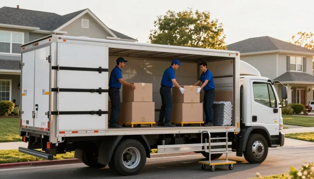 A modern moving truck, prominently displayed in the foreground, featuring robust secure transport equipment such as reinforced straps, sturdy dolly carts, and protective foam padding. The middle section showcases a team of professional movers in smart uniforms, carefully loading boxes into the truck, ensuring everything is organized and secure. In the background, a residential area with well-kept houses and trees, bathed in warm, afternoon sunlight, creates an inviting atmosphere. The scene captures a commitment to safety and care, emphasizing the reliability and professionalism of the moving services. Use soft, natural lighting to enhance the mood, with a slightly elevated angle to convey a sense of trust and dependability in the moving process.
