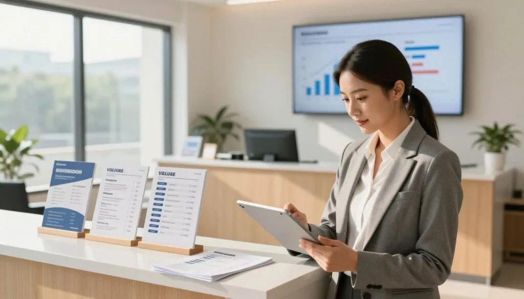 A modern residential moving office with a clean, organized aesthetic, emphasizing transparent pricing. In the foreground, a professional-looking woman in business attire is reviewing a detailed pricing sheet on a sleek tablet, her expression reflecting confidence and clarity. The middle layer shows a bright, welcoming reception area with a large, open window letting in natural light, casting soft shadows. Various brochures about pricing options and value are neatly displayed on a nearby table. In the background, a wall-mounted screen showcases simplified, visually appealing graphs of pricing structures. The mood is optimistic and assuring, capturing the essence of fairness in service. Use soft lighting to create a warm ambiance, shot from a slightly elevated angle for depth.