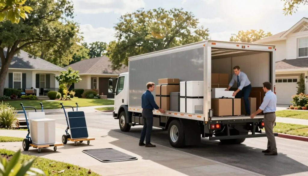 A modern scene showcasing advanced moving equipment in action. In the foreground, a sleek, high-tech moving truck is parked, with its back open, revealing organized boxes and furniture secured with straps. Skilled movers, dressed in professional business attire, are carefully loading items, demonstrating efficiency and care. The middle ground features an array of sophisticated moving equipment such as hand trucks, dollies, and moving pads, all well-maintained and ready for use. In the background, a vibrant Austin neighborhood with lush greenery and stylish homes establishes a warm and inviting atmosphere. The lighting is bright and natural, simulating a sunny day, with a slight lens flare to enhance a sense of optimism and professionalism. The overall mood conveys commitment to quality and exceptional service.