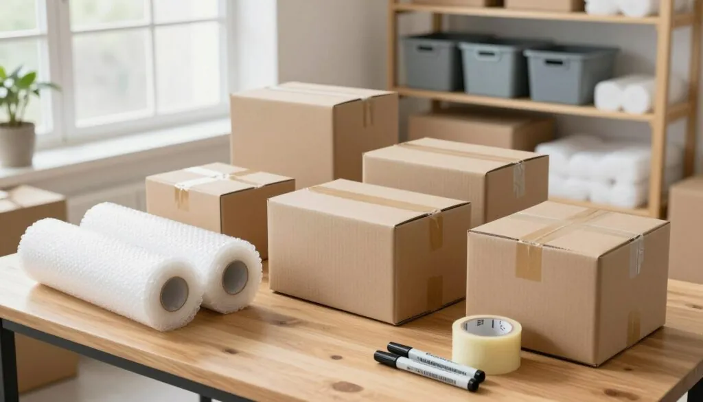 A neatly organized workspace filled with a variety of professional packing materials. In the foreground, a wooden table covered with high-quality packing supplies: rolls of bubble wrap, several sizes of sturdy cardboard boxes, packing tape, and markers for labeling. In the middle ground, a well-organized shelf displaying plastic bins and packing foam, highlighting the efficiency of packing solutions. In the background, a bright, well-lit room with soft natural light streaming in through a large window, enhancing the clean and organized atmosphere. The mood is professional and efficient, emphasizing the importance of preparation in moving and storage services. The camera angle is slightly above eye level, providing a clear overview of the packing essentials without any human subjects.