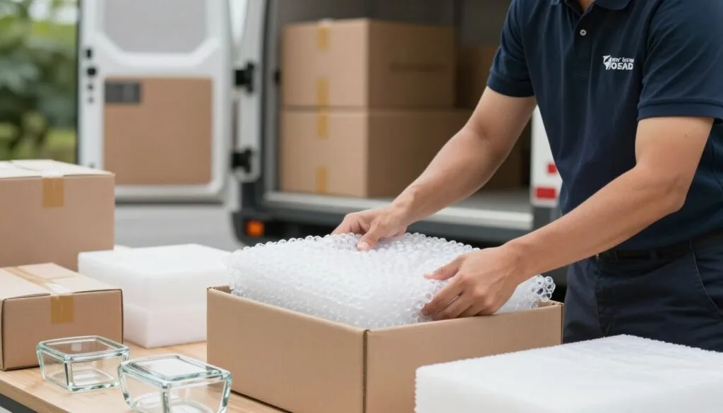 A professional mover in a well-lit environment carefully packing delicate glassware into a cushioned box, showcasing specialized handling techniques. In the foreground, focus on the mover, wearing a branded uniform, gently securing a fragile item with bubble wrap. The middle ground displays an organized workspace with additional packing materials, including foam and sturdy boxes, emphasizing meticulous preparation for safe transport. The background features a moving truck's open door, filled with neatly stacked boxes, hinting at a busy moving day. Soft, natural lighting enhances the scene, creating a clean and professional atmosphere, while a slight depth of field highlights the intricate details of the fragile items being handled.