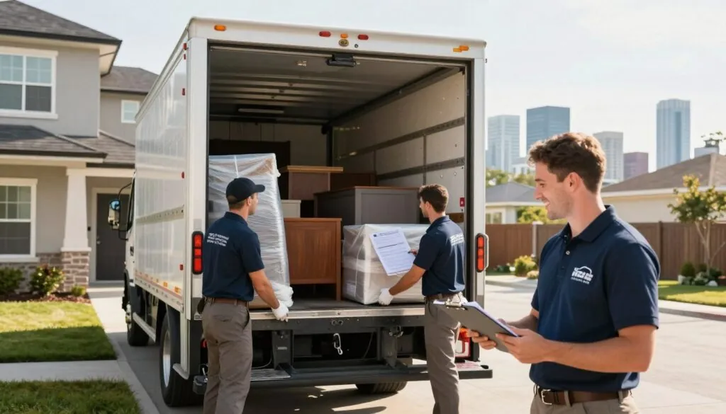 A professional moving crew in a bright, well-lit environment, wearing logoed uniforms, carefully loading furniture into a sturdy moving truck with the back open, showcasing a variety of quality items packed for transport. In the foreground, a smiling team member checks off an inventory list on a clipboard, emphasizing reliability and organization. The middle ground features the truck parked in front of a modern home, while in the background, Austin’s skyline is visible, creating a connection to the local area. The scene is bathed in warm, natural light, enhancing the mood of trustworthiness and professionalism, with a wide-angle perspective to capture the action efficiently.