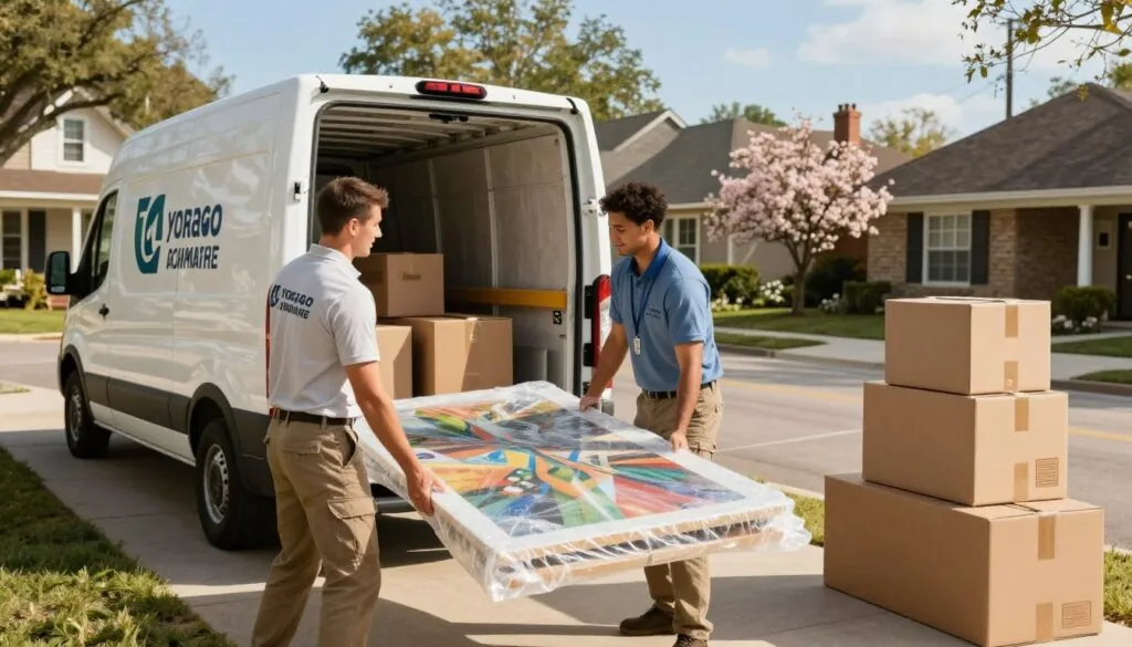 A professional moving team in action, showcasing meticulous care for belongings during a residential move. In the foreground, two movers, dressed in neat, branded shirts and cargo pants, are carefully lifting a large, bubble-wrapped painting, ensuring it remains secure and undamaged. The middle ground features a well-organized moving van with the company's logo prominently displayed, while a stack of sturdy, labeled boxes sits nearby. The background reveals a charming Austin neighborhood, with clear blue skies and blooming trees, creating a cheerful, assuring atmosphere. The lighting is warm and natural, with the sun casting soft shadows, conveying trust and professionalism in this safe moving scenario.