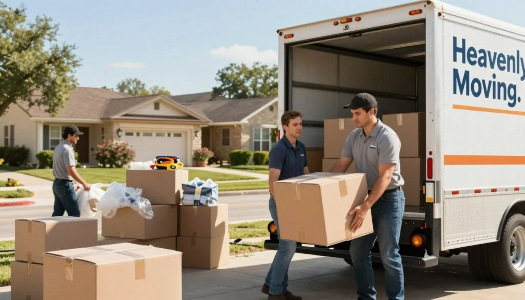 A professional moving team is at work in the foreground, sporting clean uniforms and focused expressions, carefully loading boxes into a modern moving truck labeled "Heavenly Moving." In the middle ground, there are neatly stacked boxes and various moving supplies, such as bubble wrap and moving straps. The background features a suburban neighborhood in Austin with distinct Texas architecture and a sunny blue sky, conveying a warm and welcoming atmosphere. The scene is illuminated by soft, natural sunlight, enhancing the sense of reliability and professionalism. The camera angle is slightly low, making the movers appear engaged and dynamic in their work. The overall mood is efficient and trustworthy, reflecting the comprehensive long-distance moving services offered.