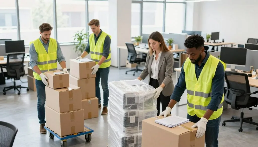 A professional office mover team in an open office space, focusing on safety protocols during a business relocation. In the foreground, a diverse group of three workers in smart business attire carefully packing documents and electronics into sturdy boxes, wearing gloves and safety vests. In the middle ground, moving equipment like a dolly and bubble wrap is arranged neatly beside them. The background features a well-lit modern office with large windows letting in natural light, showing organized desks and office furniture being wrapped. The atmosphere is collaborative yet focused, highlighting the care and attention to safety in handling business assets. The image should be bright and clear, captured from a slightly elevated angle to showcase the teamwork and professionalism.