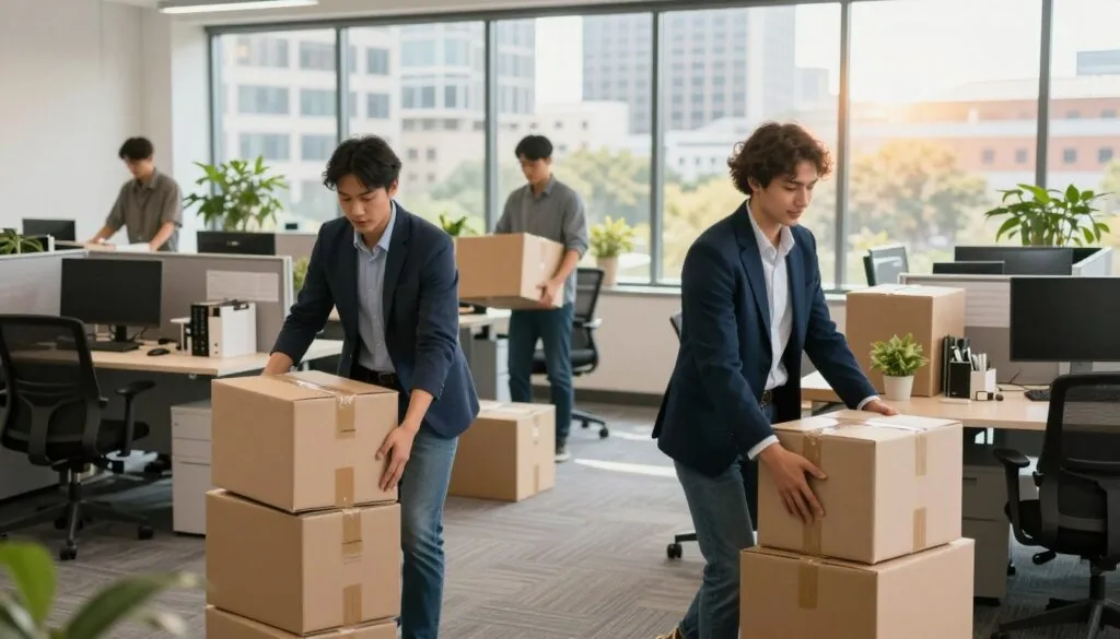 A professional team of office movers is efficiently relocating a modern business workspace. In the foreground, two workers in smart business attire carefully pack electronics and office supplies into sturdy boxes. The middle ground features a well-organized office filled with cubicles, chairs, and plants, with a dynamic and organized atmosphere showcasing teamwork. In the background, a large window displays a view of downtown Austin, bathed in warm, natural light, suggesting a sunny day. The scene conveys a sense of professionalism and efficiency, highlighting the heavenly approach to moving offices with care and precision. The overall mood is optimistic and focused, capturing the essence of a seamless business relocation.