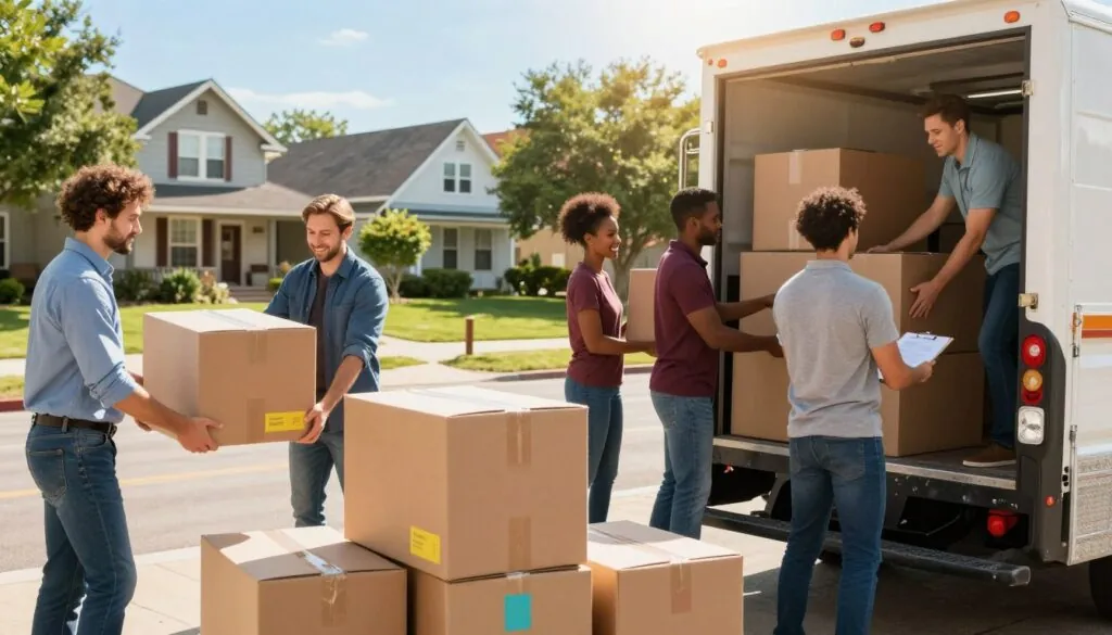 A scene depicting efficient moving in Austin, showcasing a diverse team of professional movers wearing smart casual attire, enthusiastically loading boxes into a modern moving truck. In the foreground, several neatly packed cardboard boxes labeled with colorful tags are stacked beside the truck, emphasizing organization. The middle ground features the movers actively collaborating, displaying teamwork and energy, with one person checking a clipboard for inventory. The background reveals a vibrant neighborhood of Austin with charming houses and greenery under a bright blue sky, indicating a sunny, optimistic day. The lighting is warm and inviting, creating a cheerful atmosphere, captured from a slightly elevated angle to provide a clear view of the action and setting.