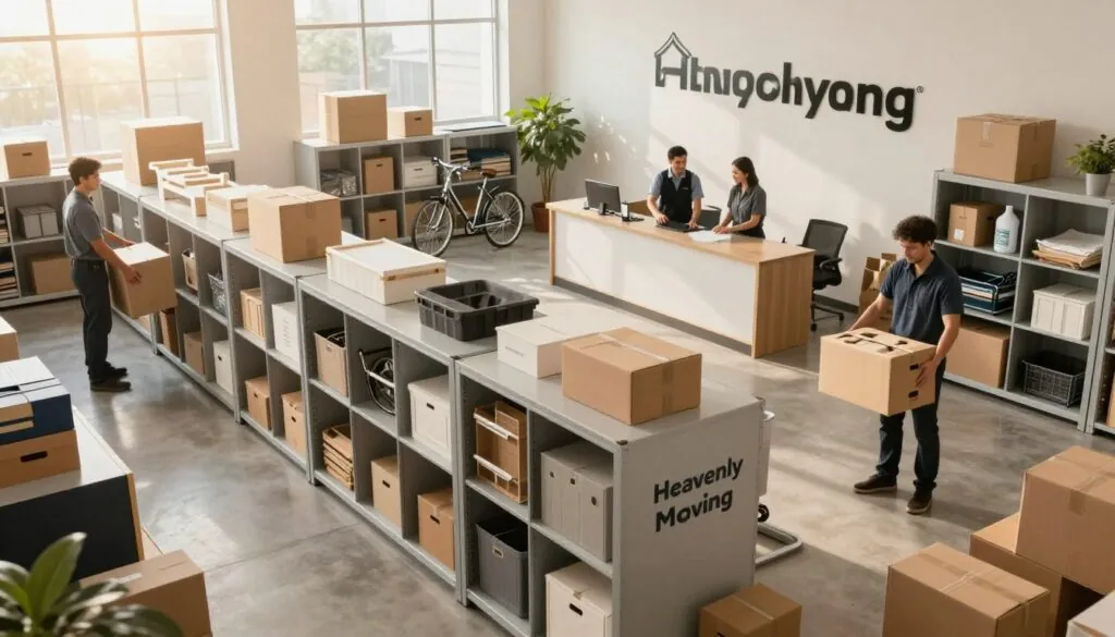 A serene and organized storage facility, showcasing "Heavenly Moving" solutions in the foreground, featuring neat rows of sturdy, labeled storage units filled with various household items like boxes, furniture, and bicycles. Professional movers in smart attire efficiently loading and unloading items, displaying a sense of teamwork and care. The middle ground shows a clean reception area with a friendly staff member assisting a customer, surrounded by moving supplies. In the background, soft natural sunlight filters through large windows, illuminating the space with a warm, inviting glow. The atmosphere conveys reliability and professionalism, ideal for a complete moving experience. The image should be captured from a slightly elevated angle, showcasing the expanse and organization of the storage facility. A serene and organized storage facility, showcasing "Heavenly Moving" solutions in the foreground, featuring neat rows of sturdy, labeled storage units filled with various household items like boxes, furniture, and bicycles. Professional movers in smart attire efficiently loading and unloading items, displaying a sense of teamwork and care. The middle ground shows a clean reception area with a friendly staff member assisting a customer, surrounded by moving supplies. In the background, soft natural sunlight filters through large windows, illuminating the space with a warm, inviting glow. The atmosphere conveys reliability and professionalism, ideal for a complete moving experience. The image should be captured from a slightly elevated angle, showcasing the expanse and organization of the storage facility.