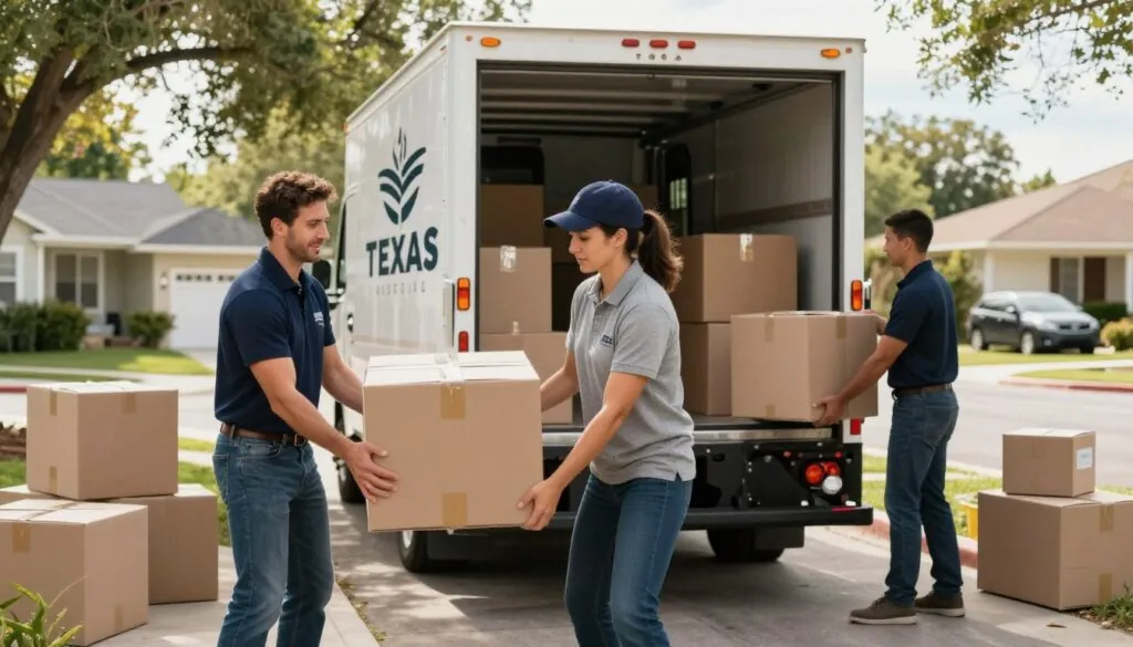 A team of three professional movers in Austin, Texas, dressed in smart, branded uniforms, are efficiently loading boxes into a moving truck. In the foreground, the movers, two men and a woman, showcase strong teamwork and expertise, one person carefully securing a fragile item while the others lift a large box. The middle ground features a clean, organized moving truck with the logo prominently displayed, surrounded by neatly stacked boxes and packing supplies. The background captures a sunny Austin neighborhood with trees and houses, emphasizing a friendly, inviting atmosphere. Soft, natural lighting enhances the scene, creating a warm, dependable mood. The camera angle is slightly low to highlight the movers' dedication and professionalism, showcasing their skills in action while conveying trust and reliability.