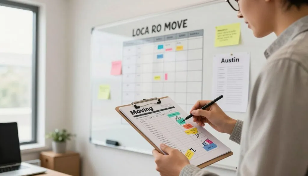 A vibrant and inviting scene depicting customized moving plans in an office environment dedicated to moving assistance. In the foreground, a professional in business casual attire is examining a detailed moving checklist on a clipboard, with colorful, organized diagrams of moving plans. The middle ground features a large, bright whiteboard filled with notes and timelines for a local move, including locations and schedules for Austin. In the background, large windows allow soft, natural light to flood the room, creating a warm and welcoming atmosphere. The lens captures a dynamic angle to emphasize the professional setting, with an optimistic and focused mood that reflects the planning process of moving in Austin.