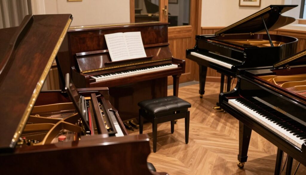 A visually engaging display of different types of pianos, showcasing a grand piano prominently in the foreground, its rich, polished surface gleaming under warm spotlighting. In the middle, an upright piano stands elegantly with sheet music resting on the stand, while a digital piano and a baby grand piano are positioned thoughtfully to the sides. The background features a soft, blurred music room with warm wooden accents, subtle lighting enhancing the cozy atmosphere. The scene invokes a sense of appreciation for the artistry of pianos, with a calm and inviting mood. Capture this from a slightly elevated angle to include all variations distinctly, while ensuring no people are present, maintaining focus solely on the exquisite pianos.