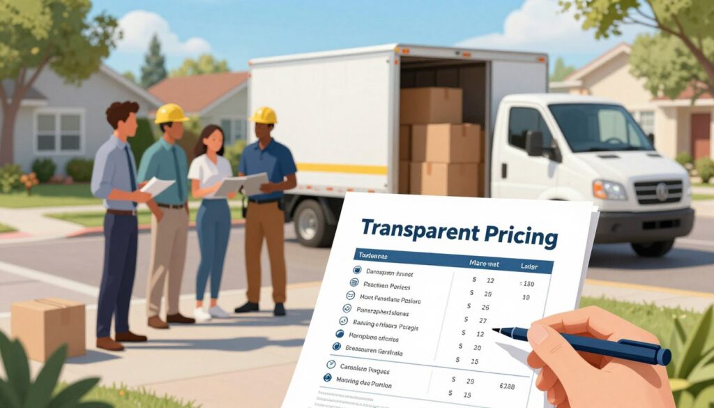 A visually engaging illustration of "Transparent Pricing" in the context of moving services. In the foreground, depict an open moving quote document displaying clear, itemized pricing with icons representing packing materials and labor. The middle ground features a diverse team of professional movers in business attire, discussing the quote beside a moving truck filled with boxes, showcasing a sense of collaboration and trust. In the background, include a sunny Austin neighborhood with residential homes, trees, and blue skies, conveying a stress-free atmosphere. Use bright, natural lighting to enhance the feeling of transparency and positivity. Capture the scene from a slightly elevated angle, focusing on the document while including the movers and background to convey context.