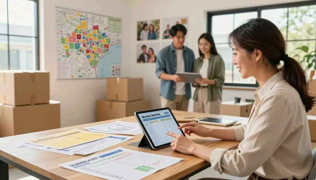 A warm and inviting interior scene of a professional moving consultant's office, featuring a large desk cluttered with colorful moving plans and checklists. In the foreground, a friendly, middle-aged woman in smart casual attire reviews personalized moving plans on a tablet while engaging with a couple dressed in business casual, eagerly discussing their unique moving needs. The middle ground shows a wall adorned with maps of Austin, showcasing neighborhoods, and pictures of satisfied families. Natural sunlight filters through large windows, creating a bright and welcoming atmosphere. In the background, moving boxes are neatly stacked, emphasizing the theme of organized moving. The mood is collaborative and professional, highlighting the tailored approach to moving services for every household.