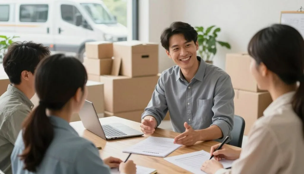 A warm and inviting scene depicting a customer-centric service philosophy in a moving company setting. In the foreground, a smiling moving consultant in professional attire is interacting with a happy family, discussing their moving plans. The middle ground features a well-organized office area with packing supplies and a moving truck visible through the window, symbolizing efficiency and readiness. In the background, soft natural light streams in, creating a welcoming atmosphere, while potted plants add a touch of comfort. The overall mood is one of trust and collaboration, showcasing a seamless and respectful interaction between the service provider and clients, emphasizing a commitment to personalized service. The angle captures a slightly elevated view to provide depth and context.