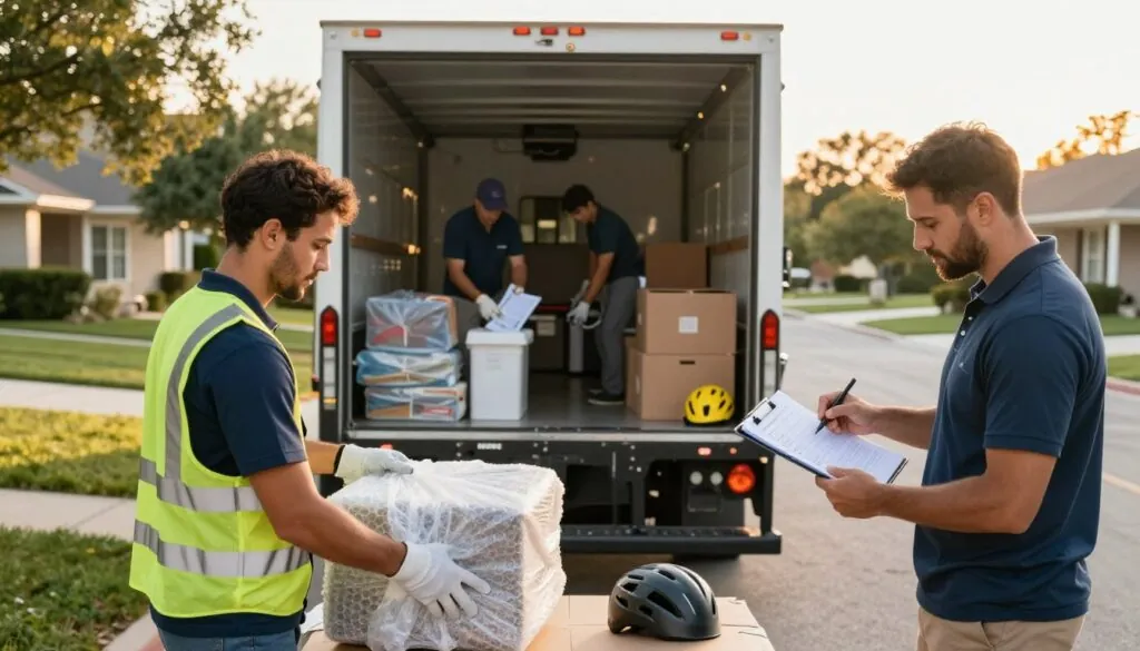A well-organized moving team in professional attire is meticulously packing household items into a moving truck, showcasing strict adherence to safety protocols. In the foreground, a moving expert carefully wraps a fragile item with bubble wrap, while another team member checks off a checklist for asset protection. The middle ground features the moving truck, prominently displaying a secure and organized setup, with safety gear like gloves and helmets visibly placed around. In the background, a suburban Austin neighborhood adds contextual charm, bathed in warm, golden afternoon light that conveys a safe and friendly atmosphere. The image is captured from a slightly elevated angle, focusing on the attention to detail and professionalism of the movers, creating a trustworthy and reassuring visual.