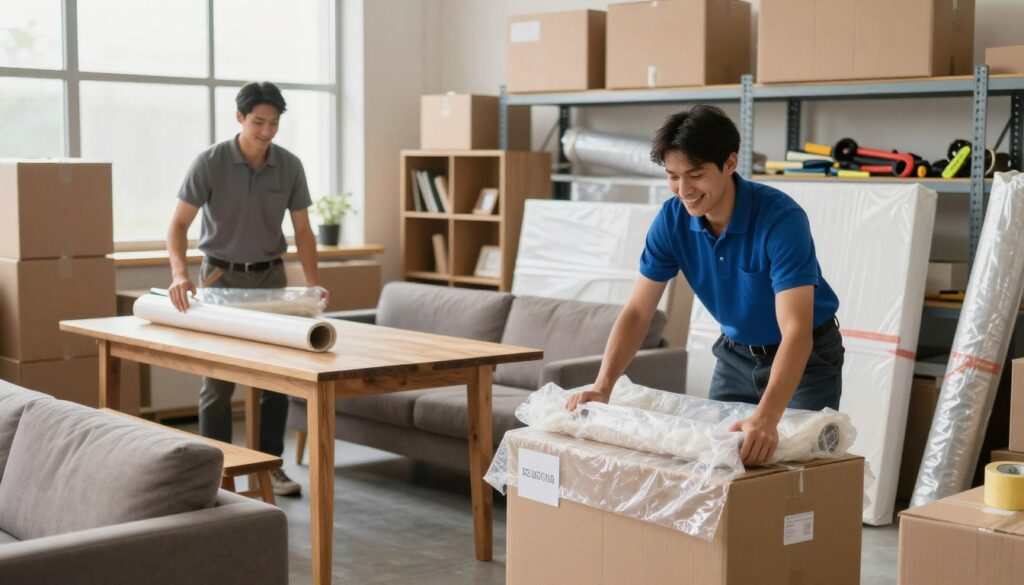 A well-organized packing scenario inside a bright, professional moving company warehouse. In the foreground, a smiling team of two movers, dressed in smart casual attire, carefully wrapping furniture in protective materials like bubble wrap and blankets. In the middle, a variety of furniture items, including a wooden dining table, a sofa, and a bookshelf, are shown being packed into sturdy boxes with clear labels. The background features additional packing materials, such as cardboard boxes, packing tape, and tools neatly arranged on shelves. Natural light filters through large windows, creating a warm, inviting atmosphere that emphasizes professionalism and care in the packing process. The composition is dynamic, highlighting teamwork and effective packing techniques in action.